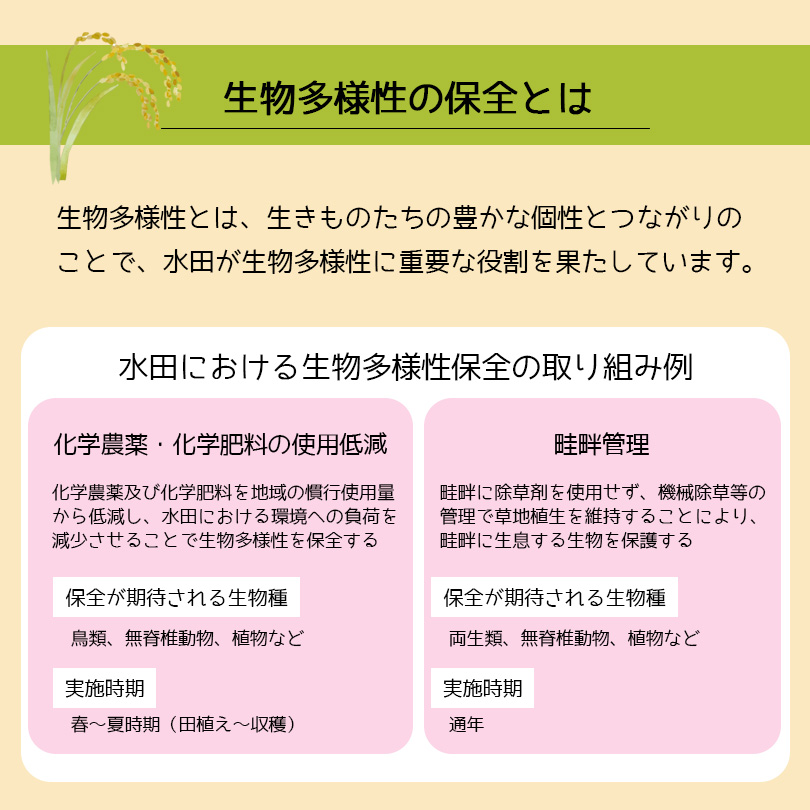 生物多様性の保全とは、化学農薬・科学肥料の使用低減、畦畔管理など